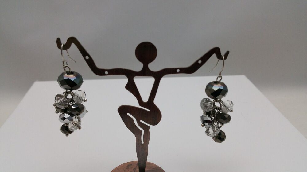 Silver Tone Black & Clear Glass Bead Cluster Style Earrings